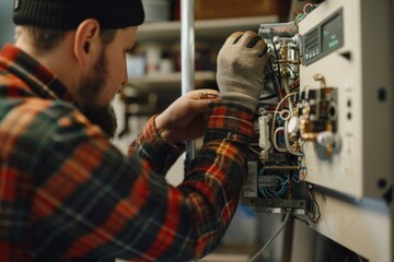 Wall Mural - A man is seen working on an electrical device. Suitable for technology concepts