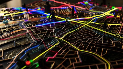 Canvas Print - Urban infrastructure map spread out, neon markers, indoor lighting, close-up, wide angle 