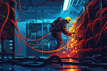Poster - A man wearing a hard hat working in a server room. Suitable for technology and industrial concepts