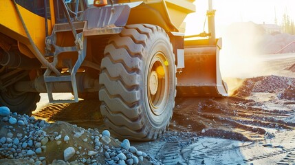 Wall Mural - Front loader moving gravel, vivid colors, close shot, morning light casting soft shadows 