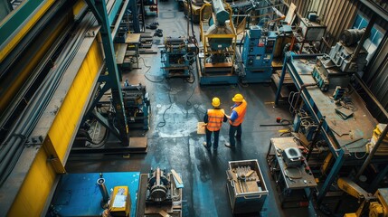 Wall Mural - An inspiring image of factory workers and engineers in a workshop, actively engaged in conversation about work projects.