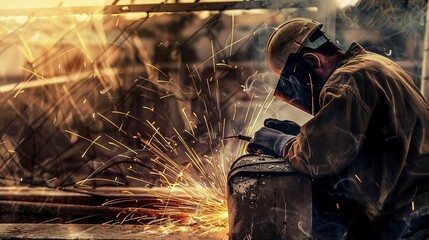 Wall Mural - Construction worker welding with sparks, intense focus, dusk light, close-up, side profile 