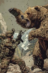 a dramatic scene of a bear attacking a soldier with a gun. suitable for illustrating dangerous wildl