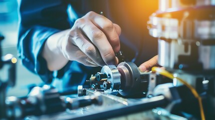 Poster - Precision machinery calibration, intense focus, indoor factory light, close-up, technicianâ€™s hands 