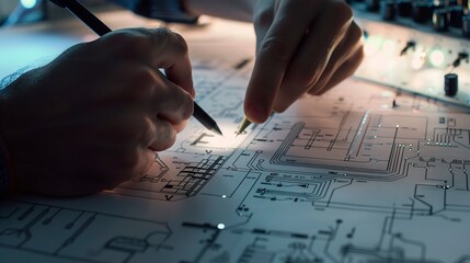Poster - Close-up of an electrical engineerâ€™s hands drawing circuit schematics, bright light, high detail