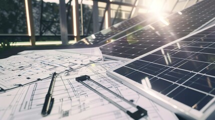 Canvas Print - Renewable energy project plans, solar panels diagram, indoor lighting, close-up on documents 