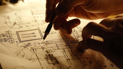 Poster - Close-up of an electrical engineerâ€™s hands drawing circuit schematics, bright light, high detail 