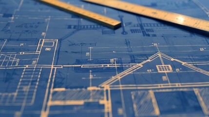Poster - House blueprints on an architectâ€™s desk, close-up, detailed plans, ruler and pencil 