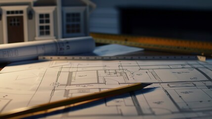 Poster - House blueprints on an architectâ€™s desk, close-up, detailed plans, ruler and pencil