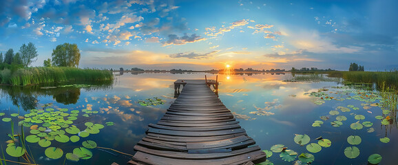 Wall Mural - Beautiful summer landscape with a wooden jetty on a lake at sunset, a beautiful sky and lily pads in the foreground, a panoramic view, photo realistic in the style of an impressionist painter