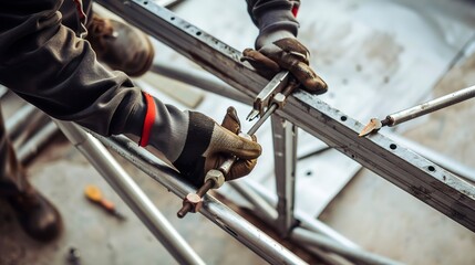 Poster - Worker tightening bolts on a metal frame, close-up, sharp focus on tools and hands 