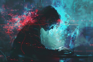 Poster - A man sitting in front of a laptop computer. Suitable for technology concepts
