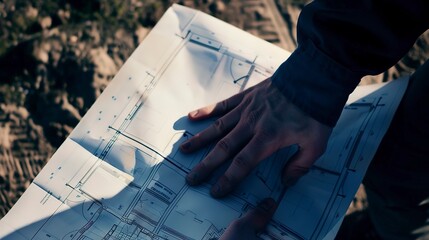 Poster - Engineer inspecting a site map, close-up on hands and blueprint, detailed and clear