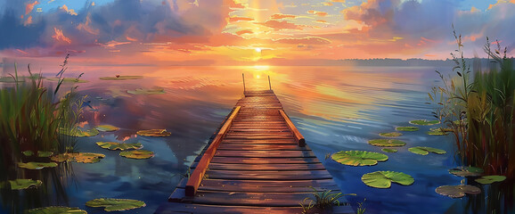 Wall Mural - Beautiful summer landscape with a wooden jetty on a lake, sunset sky and lily pads in the foreground, panoramic view, photorealistic in the style of an impressionist painter