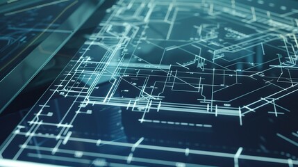 Poster - Close-up on CAD blueprints on a digital tablet, clear lines and measurements, focused light 