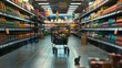 A photorealistic image of a full shopping cart positioned centrally between brightly lit supermarket aisles.