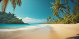 Fototapeta  - tropischer Strand mit Palmen Küste einer Insel am Ozean Meer aus türkisen Wasser mit Wellen und weiten Himmel mit Sonne Wolken in bunten Farben schöner Urlaub Insel Ferien einsamer weißer Sandstrand