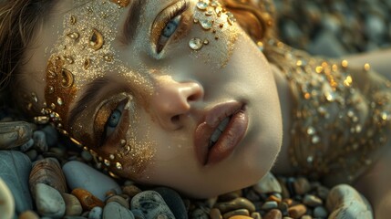Wall Mural - portrait of a woman, golden make up, face close up, lying on pebbles, jewelery,