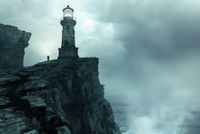 A Sentinel Of The Sea A Lone, Weathered Lighthouse Stands Guard On A Rocky Cliff Face, Overlooking A Vast, Churning Ocean, Symbolizing Resilience And Guidance In A Harsh Environment.