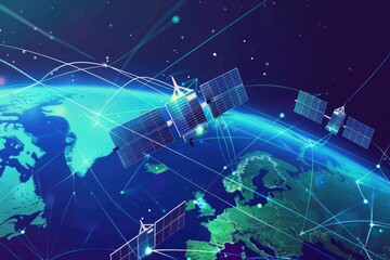 Poster - Satellite view of the earth with satellites orbiting around it. Ideal for science and technology concepts