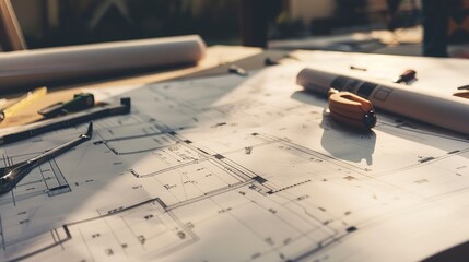 Poster - Architectural blueprints on a site table, close-up, detailed plans with tools scattered around 