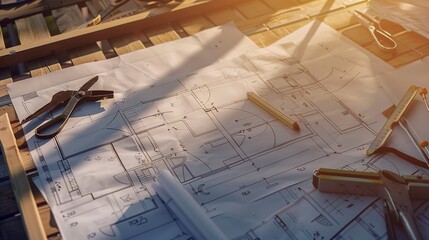 Poster - Architectural blueprints on a site table, close-up, detailed plans with tools scattered around