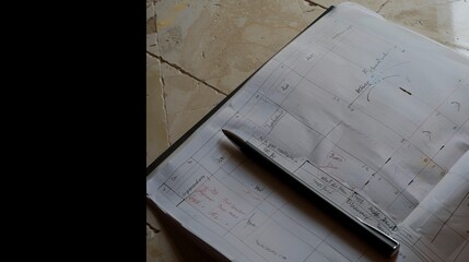 Poster - Construction diary open on todayâ€™s date, close-up, detailed notes and diagrams