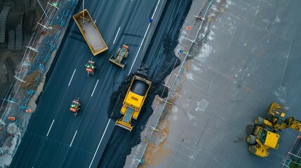 Canvas Print - Top-down view of a road construction project, close-up on paving machines and freshly laid asphalt 