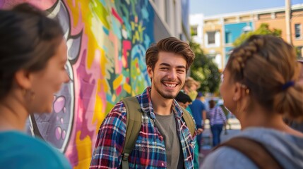 Wall Mural - Community connection: A candid shot of a young man chatting with locals about their painting projects.