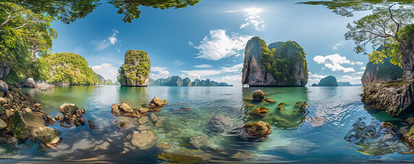 Wall Mural - panoramic view of phuket island, thailand with clear blue water and tropical greenery with the iconic James Bond islands in background, wide angle shot, hyper realistic photography