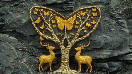 3D Illustration oil painting, grey texture wall background , dead tree with golden butterfly , two golden deer statue.