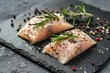 Fresh raw fish fillets displayed on a slate board. Perfect for seafood lovers and culinary enthusiasts