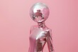 plastic fashion doll wearing pink glitter dress with disco ball istead of a head, pastel pink background, 90s nostalgia