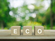 Eco letter on wood block cubes on wooden table over blur green tree in park, Business ecological concept
