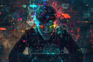 Poster - A man in a hoodie using a laptop. Suitable for technology concepts