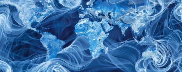 Poster - Dynamic abstract world map in swirling blue patterns depicting global connections