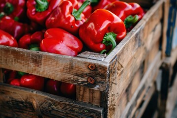 Closeup of a crate of sweet red bell capsicum peppers