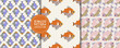 Set with seamless patterns with fish. Vector square prints, designs, backgrounds