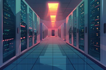 Poster - A long hallway filled with rows of servers. Ideal for technology or data center concepts