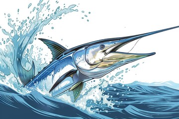 A blue marlin fish leaps out of the water, perfect for fishing and wildlife themes