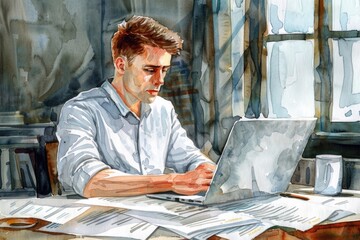 Poster - a man sitting at a table working on a laptop. suitable for business and technology concepts