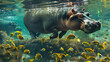 Hippopotamus and freshwater fish swim underwater. By looking from the side.