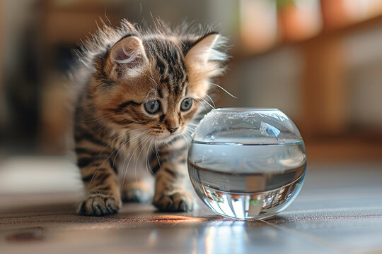 A fluffy tabby kitten peering curiously into a fishbowl, its reflection shimmering in the water.