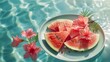 Watermelon slices by the pool summer background