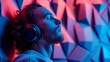person listening to music neon abstract background