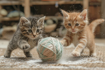 Wall Mural - A pair of playful tabby kittens chasing after a ball of yarn, tumbling over each other in delight.