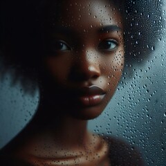 portrait of a young age african woman made of raindrops on the window, low light,  Minimalist photography