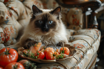 Wall Mural - A regal Siamese cat perched atop a cushioned chair, enjoying a selection of tender fish fillets.