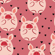 Vector flat animals colorful illustration for kids. Seamless pattern with cute pig on color floral background. Adorable cartoon character. Design for textures, card, poster, fabric, textile