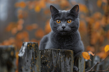 Wall Mural - A sleek Russian Blue cat poised on a weathered fence post, surveying its domain with quiet confidence.